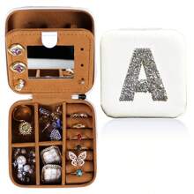 1pc Diamond Shining Letter Shaped Jewelry Box, Large Capacity With Soft Velvet Interior, Waterproof Pu Leather For Women's Travel Outdoor Carry - White - View 2