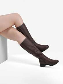 Women's Black Pu Leather Knee High Winter Riding Boots - Rust Brown - View 1