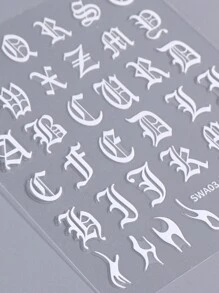 5张哥特风美甲贴纸，复古字体英文字母，黑白金星心纹身图案，DIY美甲装饰配件，美甲用品 - 彩色 - 查看 7