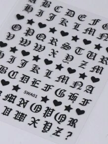 5张哥特风美甲贴纸，复古字体英文字母，黑白金星心纹身图案，DIY美甲装饰配件，美甲用品 - 彩色 - 查看 4