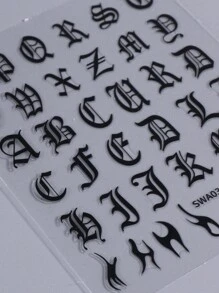 5张哥特风美甲贴纸，复古字体英文字母，黑白金星心纹身图案，DIY美甲装饰配件，美甲用品 - 彩色 - 查看 8