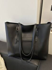 歐美復古pu休閑大容量手提袋,女式,可當肩袋或跨境行李使用 - 黑色 - 查看 2