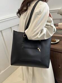 歐美復古pu休閑大容量手提袋,女式,可當肩袋或跨境行李使用 - 黑色 - 查看 4