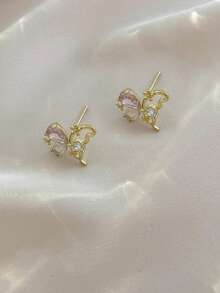 1pair Copper Alloy Dreamy Butterfly Shaped Zirconia Stud Earrings For Women In Summer - Gold - View 3