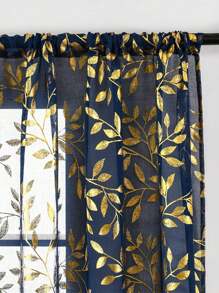 1 Pièce Rideau De Fenêtre Transparent Imprimé Bleu En Feuille Métallique Avec Design De Feuille De Ginkgo Doré, Rideaux Semi-transparents Pour Salon, Chambre, Balcon