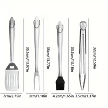 4 件套,燒烤套裝,燒烤工具套裝,燒烤工具套裝,露營燒烤配件,夾子,油刷,燒烤叉,抹刀,廚房用品,露營用品,給男士爸爸的禮物 - 銀色 - 查看 6