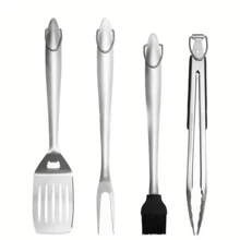 4 件套,燒烤套裝,燒烤工具套裝,燒烤工具套裝,露營燒烤配件,夾子,油刷,燒烤叉,抹刀,廚房用品,露營用品,給男士爸爸的禮物 - 銀色 - 查看 5