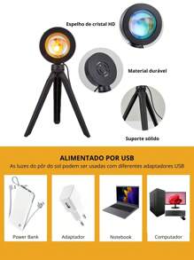 Luminária Sunset Por Do Sol Luz Projetor Led Ideal para Fotografias e Vídeos Atmosfera Festa  Mini Usb Laranja Gradiente Ambientação Rainbow