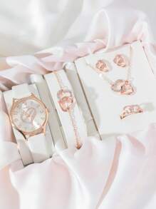 1 件時尚優雅白色心形皮革錶帶女式水鑽細節手錶和 5 件心形珠寶套裝 - 白色 - 查看 2