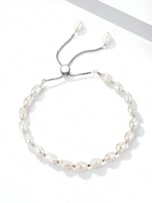 1pc Natural Freshwater Pearl & 925 Sterling Silver Material Fashionable Designed Bracelet For Women - Silver - View 6