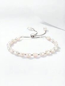 1pc Natural Freshwater Pearl & 925 Sterling Silver Material Fashionable Designed Bracelet For Women - Silver - View 9