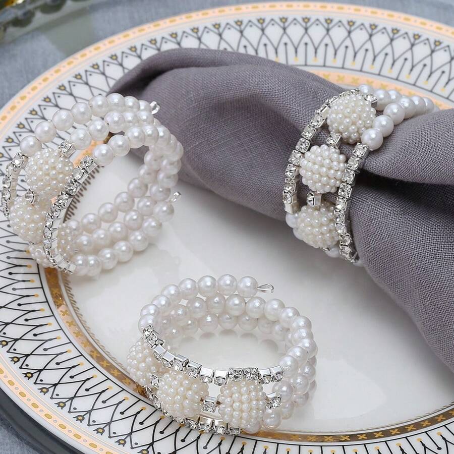 4入組豪華鑽石珍珠餐巾環,金屬可調節餐巾架,適用於酒店婚禮宴會晚宴 - 彩色 - 查看 1