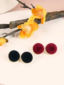 1pair Women's Velvet Geometric Stud Earrings, Minimalist Design With High-End Feeling For Autumn And Winter - Black - View 1