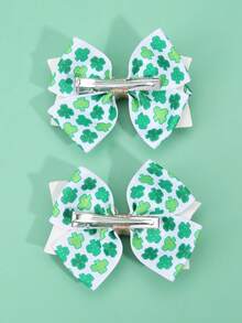 2pcs St. Patrick Shamrock Hair Bow Clips For Women,Glitter Ribbon Alligator Hair Clips,Fashion Women Hair Accessories. - Green - View 5