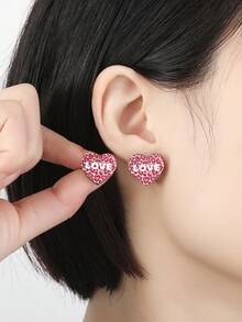 1 对可爱浪漫木质粉红豹纹心形耳钉女士女孩情侣情人节礼物配饰珠宝 - 粉色 - 查看 4