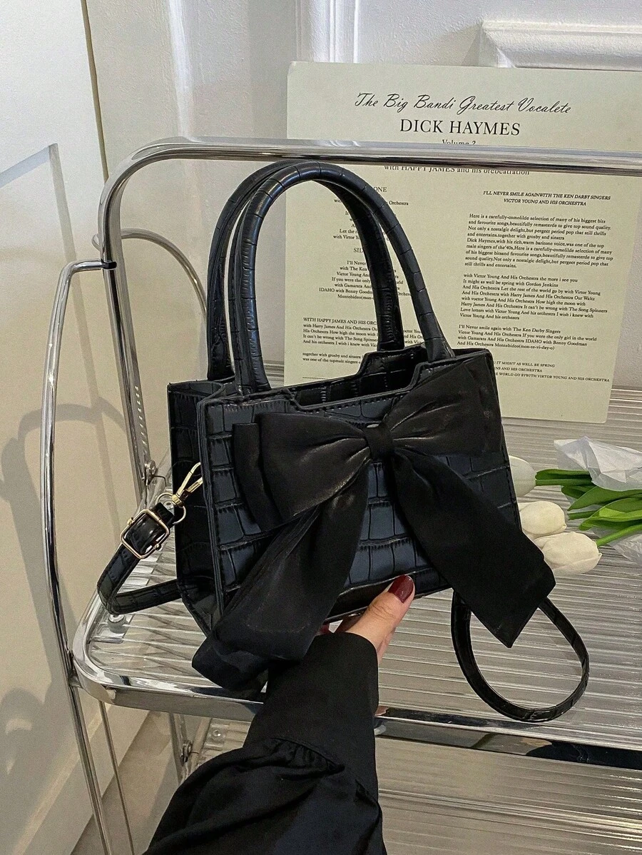 1pc Crocodile Pattern Mini Hand-Held Square Bag With Bow Tie Decoration,Black, Bow Purse For Women Valentines - Black - View 1
