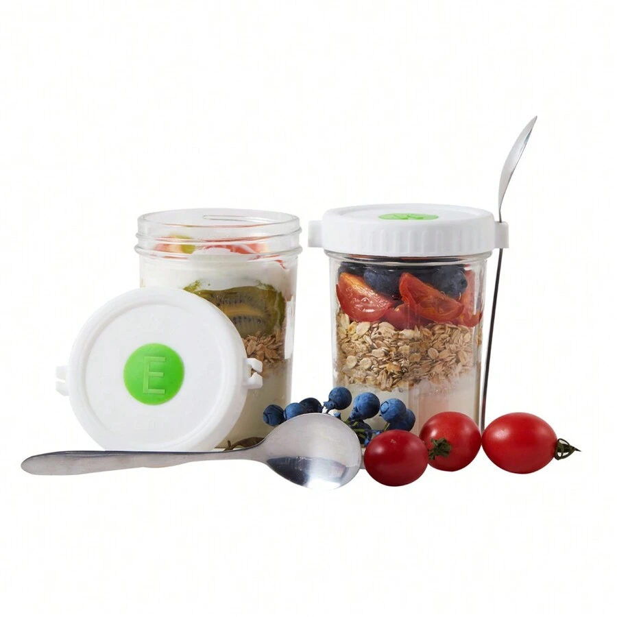 2pcs Glass Mason Jar With Lid And A-Z Letter Print, Including 2 Cups And 2 Spoons, Reusable Leakproof Cup, Suitable For Overnight Oats, Milk, Yogurt, Cereals And Breakfast, Capacity 350ml - Multicolor - View 1