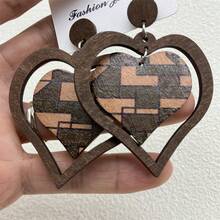 1 对时尚夸张长耳环，几何曲线，渐变色，印花图案，木质吊坠心形镂空装饰，旅行度假珠宝，个性化时尚节日礼物，适合女性日常穿着 - 02# - 查看 4