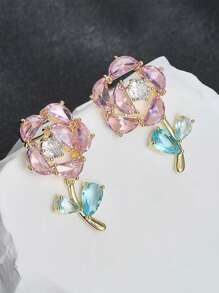 1對粉色水晶玫瑰吊墜耳環,誇張個性化設計,時尚華麗迷人,情人節女性送禮佳品,珠寶飾品 - 彩色 - 查看 3