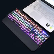 MageGee 黑色打字機機械遊戲鍵盤，104 鍵有線復古朋克圓形鍵帽，帶 RGB 彩虹背光 USB 有線鍵盤，適用於遊戲和辦公，適用於 Windows 筆記型電腦 - 藍色開關 - 黑色 - 查看 3