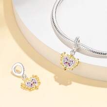 1入組帶有金色花邊和粉色cz珠子的925純銀魅力珠帶有cz重點心形圖案,適用於diy珠寶製作,新年禮物 - 銀色 - 查看 4