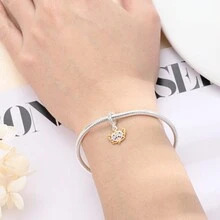 1入組帶有金色花邊和粉色cz珠子的925純銀魅力珠帶有cz重點心形圖案,適用於diy珠寶製作,新年禮物 - 銀色 - 查看 3