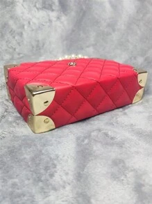 Quilted Plain Diamond Grid Pearl Rhinestone Decor Handbag With Metal Chain Strap And Flap Lock Closure, Small Boxy Fashion Gift Purse For Women - Red - View 10