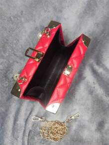 Quilted Plain Diamond Grid Pearl Rhinestone Decor Handbag With Metal Chain Strap And Flap Lock Closure, Small Boxy Fashion Gift Purse For Women - Red - View 9