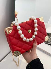 Quilted Plain Diamond Grid Pearl Rhinestone Decor Handbag With Metal Chain Strap And Flap Lock Closure, Small Boxy Fashion Gift Purse For Women - Red - View 5