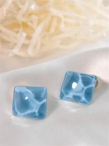 Geometric Square Shaped Water Ripple Blue Stud Earrings, Clip On, No Piercing, Cool & High-End - Blue - View 3