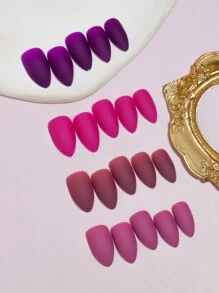 VV MEI JIA ER 96片(紫色/玫瑰紅/紅豆沙/紫紅)四種漸變新年快樂款霧面杏仁設計自然逼真假指甲,附贈收納盒作為女性和女孩的禮物＆1張膠帶＆1個指甲磨光板 - 紫色 - 查看 2