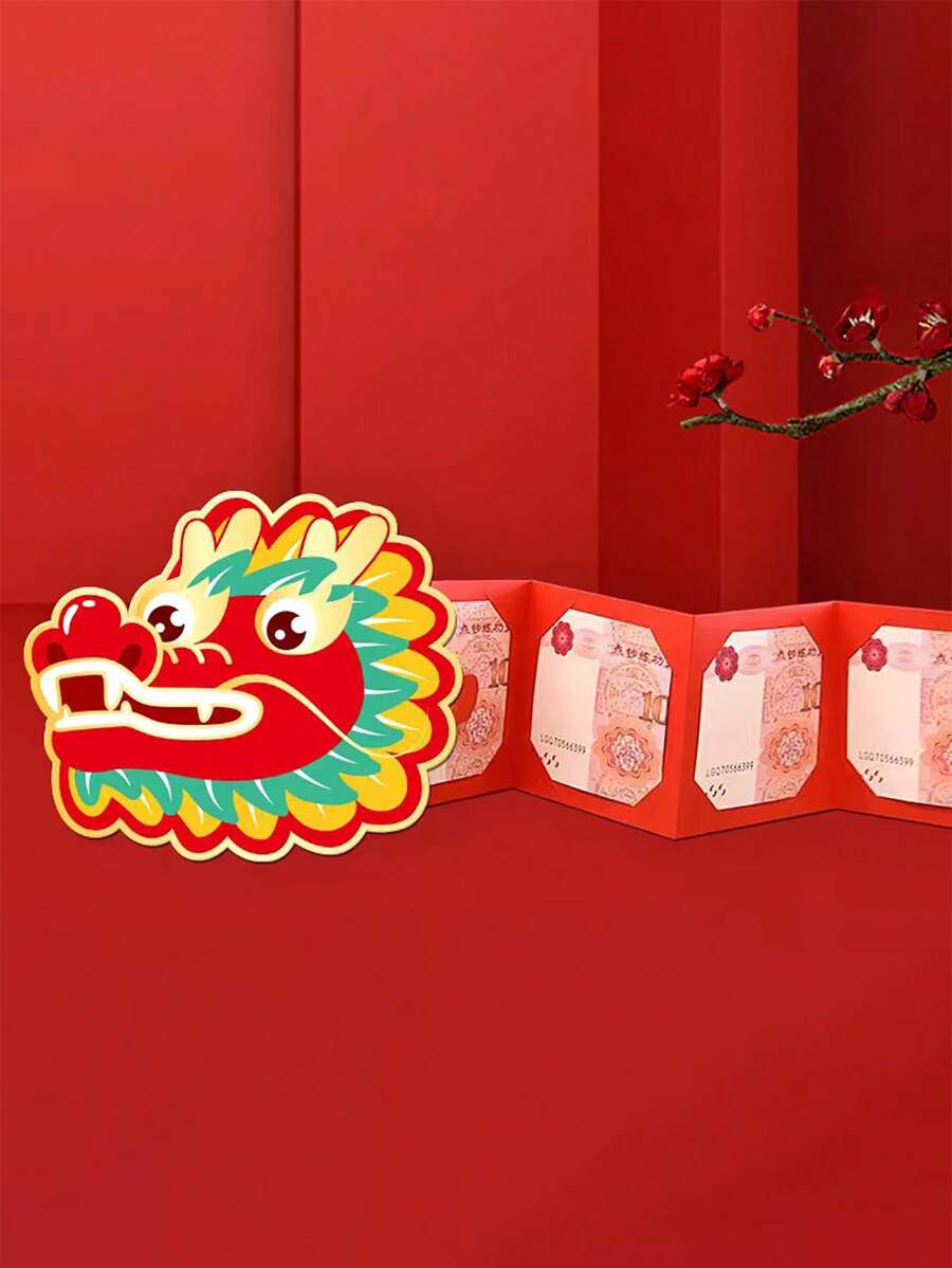 1pc New Year's Blessing Red Envelope Pouch, Chinese Dragon Shaped, 6-Card Foldable With Pulling Strip, For Giving Lucky Money - Multicolor - View 1