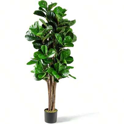 Plante d'intérieur en pot de 1,5 m, plante artificielle avec 180 feuilles et 6 troncs, tronc en bois véritable, arbre artificiel, figuier violon, plante décorative pour intérieur et extérieur, vert