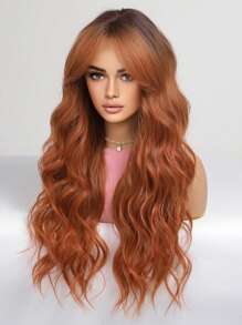 26英吋棕色漸層橘色長捲假髮合成假髮短髮女假髮女孩假日派對假髮日常佩戴髮套 - 漸層 - 查看 3