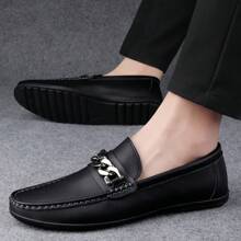 男士鏈條裝飾皮便鞋,休閒駕車鞋,易穿脫 - 黑色 - 查看 2