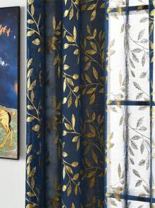 1 Pièce Rideau De Fenêtre Transparent Imprimé Bleu En Feuille Métallique Avec Design De Feuille De Ginkgo Doré, Rideaux Semi-transparents Pour Salon, Chambre, Balcon