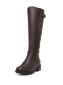 Women's Black Pu Leather Knee High Winter Riding Boots - Rust Brown - View 2
