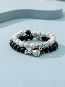 2入組天然石珠子和愛心、、八卦和手部紋路的彈性手鍊套裝,適用於情人節女士和情侶 - 彩色 - 查看 22