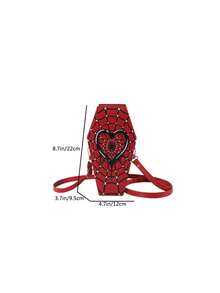 Printed Spider Web & Heart Decor Crossbody Coffin Shaped Women's Handbag, Fashionable Valentines - Red - View 2