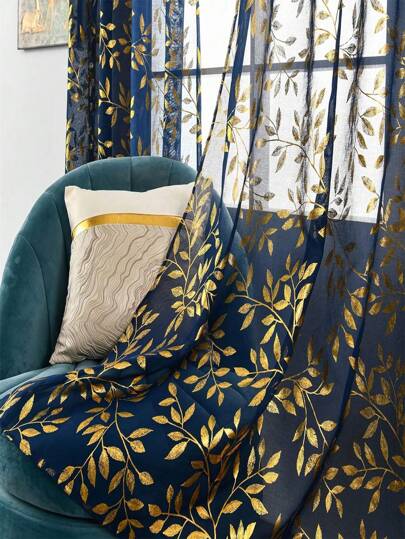 1 Stück Blau Metallic Folie Bedruckte Sheer Fenster Vorhang Mit Gold Ginkgo Blatt Design, Halbtransparente Vorhänge Für Wohnzimmer, Schlafzimmer, Balkon