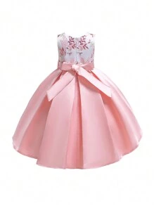 缎面刺绣花朵蝴蝶结公主裙，优雅少女款，适合派对穿着，刺绣方向随机，不含头饰 - 藕粉色 - 查看 2