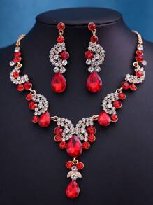 1 套新娘紅萊茵石皇冠、項鍊、耳環婚禮頭飾、舞會豪華金色髮飾 - 紅色 - 查看 6