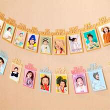 1set Customizable Baby 1st Birthday Party Decoration Set, Includes Banner, Flower String, Photo Wall, Photo Frame Clips - Pink - View 7