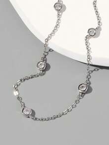 1pc 925 Sterling Silver Cubic Zirconia Studded Choker Necklace, Suitable For Daily Wear - Silver - View 1