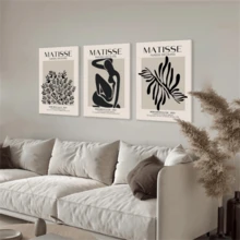 Matisse 3件裝抽象藝術海報,黑米色無框畫布henri Matisse印刷畫,為審美房間提供極簡主義畫廊牆藝術裝飾,適用於臥室、浴室、客廳、波西米亞風格房間裝飾 - 彩色 - 查看 3
