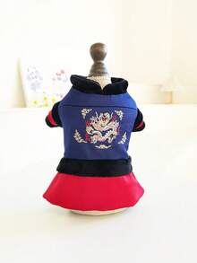 1件寵物狗刺繡新年中式外套,帶背心和腿部孔,適合冬季穿著 - 寶藍色 - 查看 1