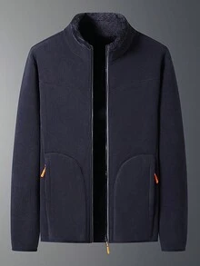 男士戶外健行運動休閒雙面布料有襯裡抓絨夾克 - 藍色 - 查看 1