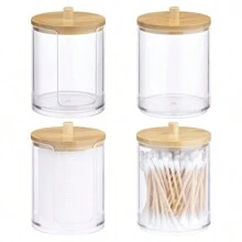 4x Aufbewahrung für Wattestäbchen stapelbar - Badezimmer Organizer - Behälter für Wattepads - Bad Spender Halter Box - 4 Stück im Set - Bambus Kunststoff - Khaki - Übersicht 1