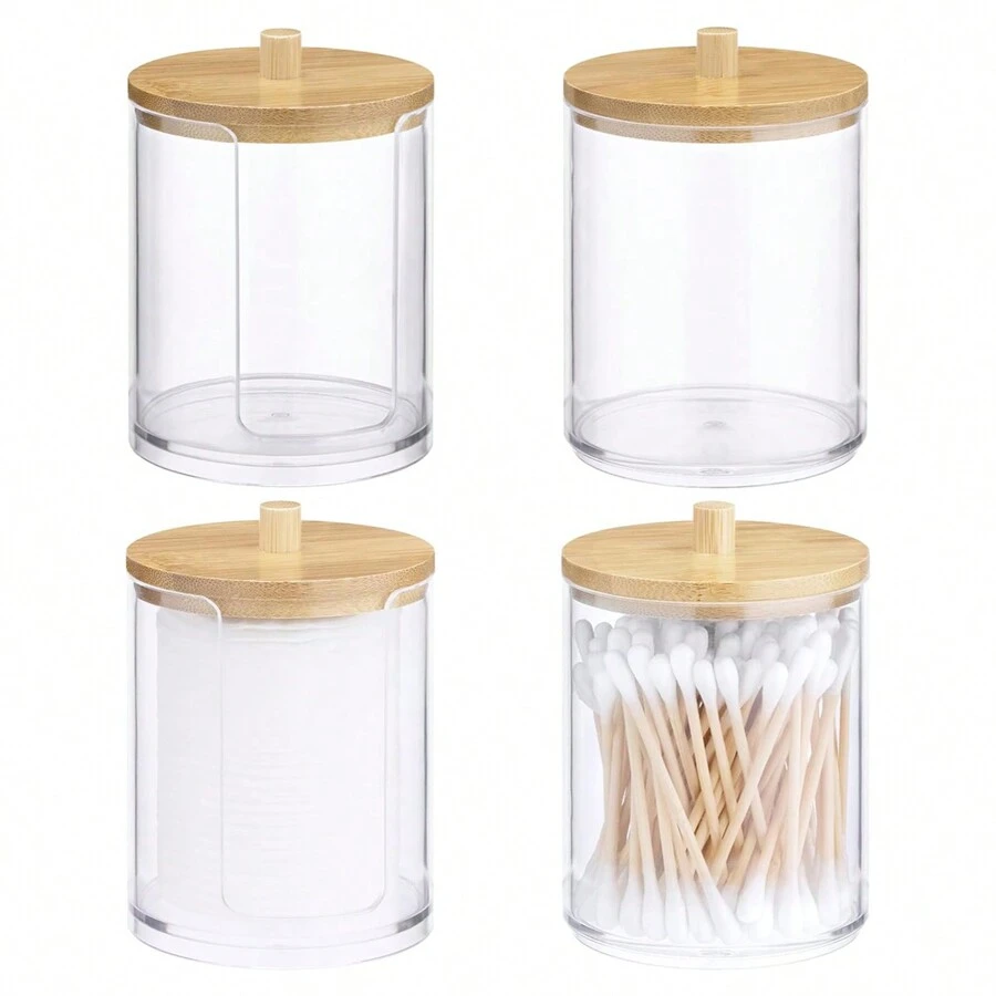 4x Aufbewahrung für Wattestäbchen stapelbar - Badezimmer Organizer - Behälter für Wattepads - Bad Spender Halter Box - 4 Stück im Set - Bambus Kunststoff - Khaki - Übersicht 1