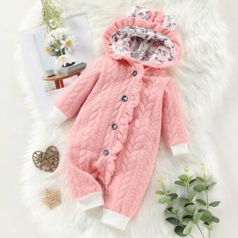  Patpat 3D Ears Hooded Long-Sleeve Ruffle Pink Thickened Lined Baby Jumpsuit